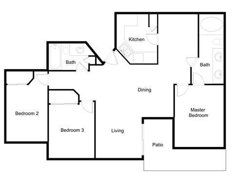 Floor plan for 3 beds, 2 baths, 1101 sqft